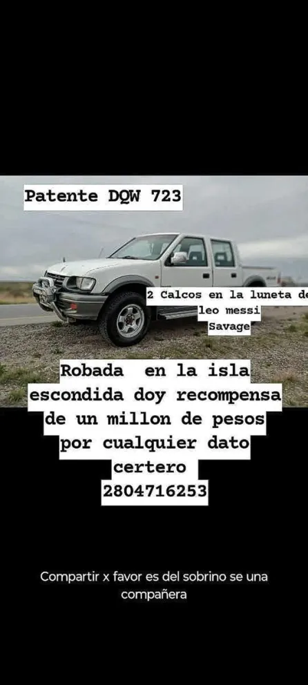 Rawson: Le robaron la camioneta y ofrece un millón de recompensa por información del vehículo