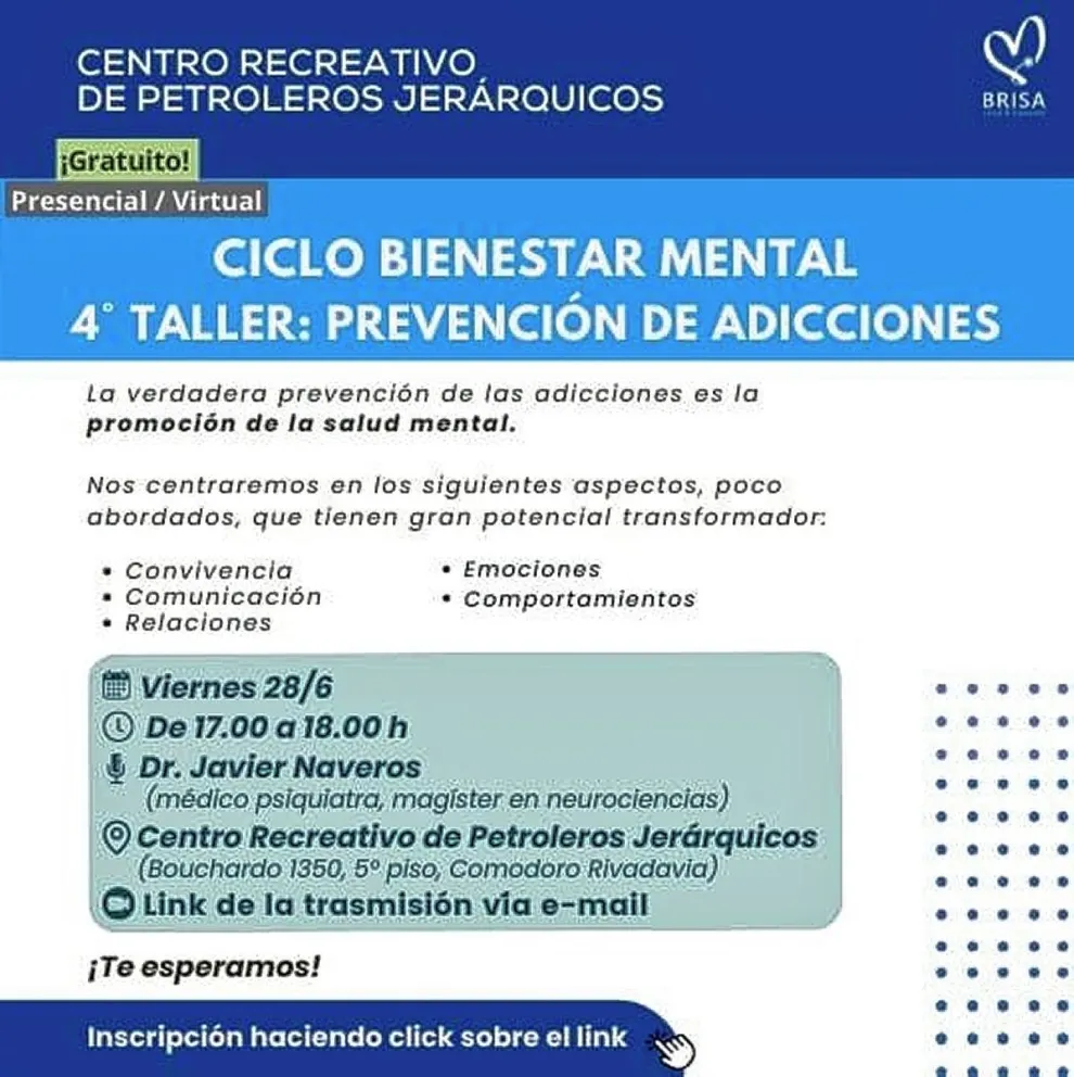 Se viene el 4° Taller de Prevención de Adicciones en el Centro Recreativo de Petroleros Jerárquicos