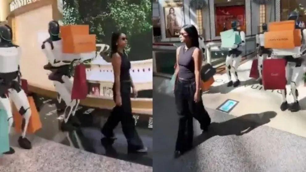 Increíble: Cuatro robots Tesla acompañan a una mujer a realizar compras en el shopping
