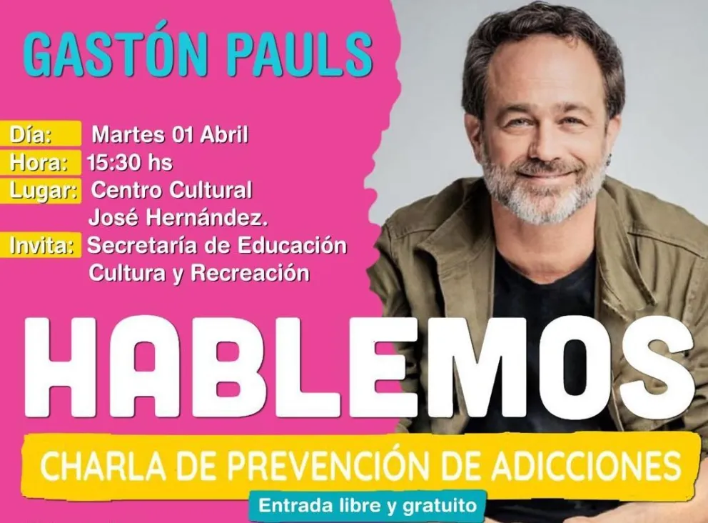 Gastón Pauls brindará la charla de prevención de adicciones “Hablemos” en Rawson