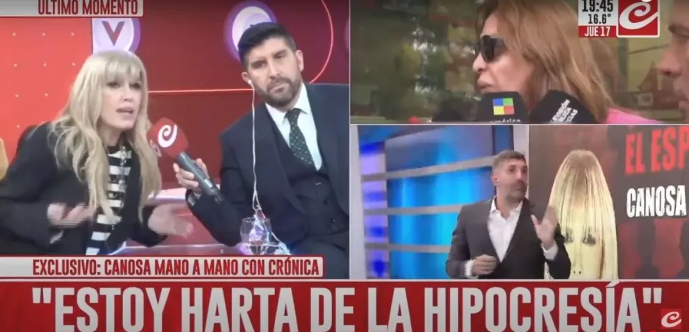 Viviana Canosa durante su intervención en vivo en Crónica TV, tras denunciar en Comodoro Py una presunta red de trata y abuso infantil.