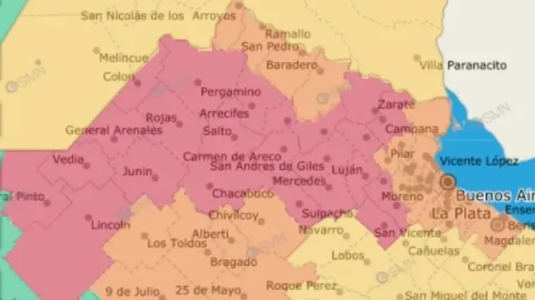 Alerta roja en el centro y norte de la provincia de Buenos Aires.