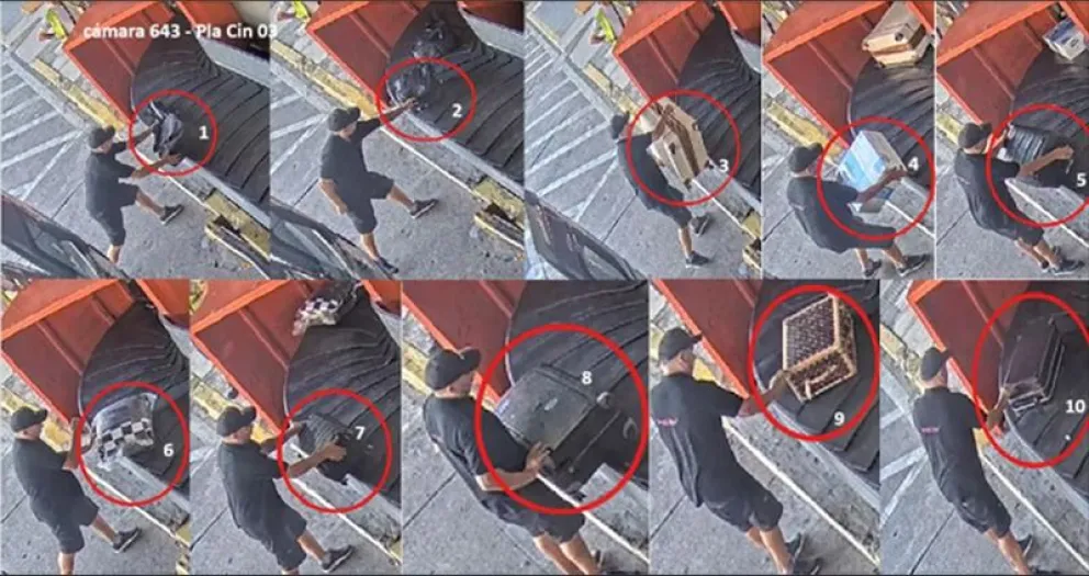 Personal de Royal Class descarga las valijas directamente a la cinta sin pasar por escáner.