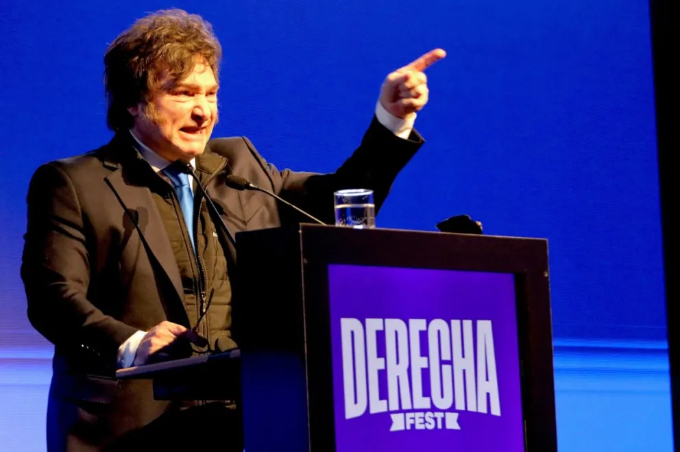 Javier Milei durante su exposición en “Derecha Fest”, en Córdoba, donde convocó a sostener el proyecto libertario en las urnas.