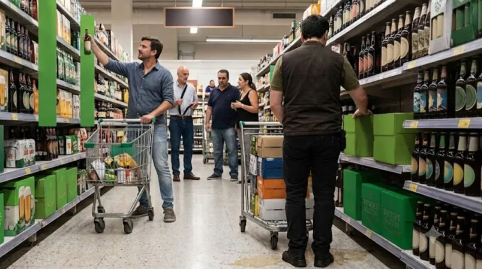 Fue a comprar a un supermercado y a un repositor se le cayó una botella de cerveza, hiriéndolo gravemente en una pierna. (Foto: Imagen generada con IA).