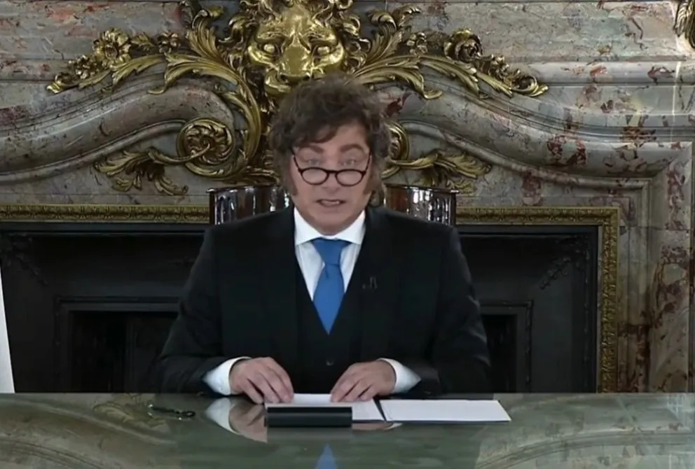  Javier Milei, durante su mensaje en cadena nacional, cuyo discurso se centró en la reivindicación de la soberanía argentina sobre las Islas Malvinas.