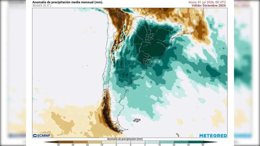 El mapa de Meteored muestra una anomalía positiva de precipitaciones para diciembre de 2026 en Argentina, impulsada por la intensidad del fenómeno de El Niño.